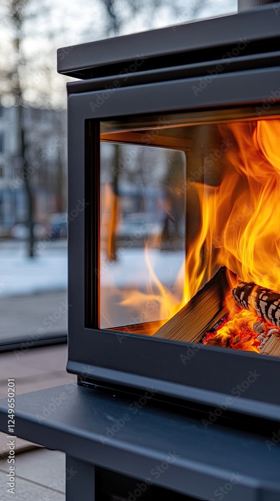 An open fire stove burns brightly, filling the room with warmth as meat bakes inside. Smoke drifts above, creating a cozy atmosphere An open fire stove burns brightly, filling the room with warmth as meat bakes inside. Smoke drifts above, creating a cozy atmosphere