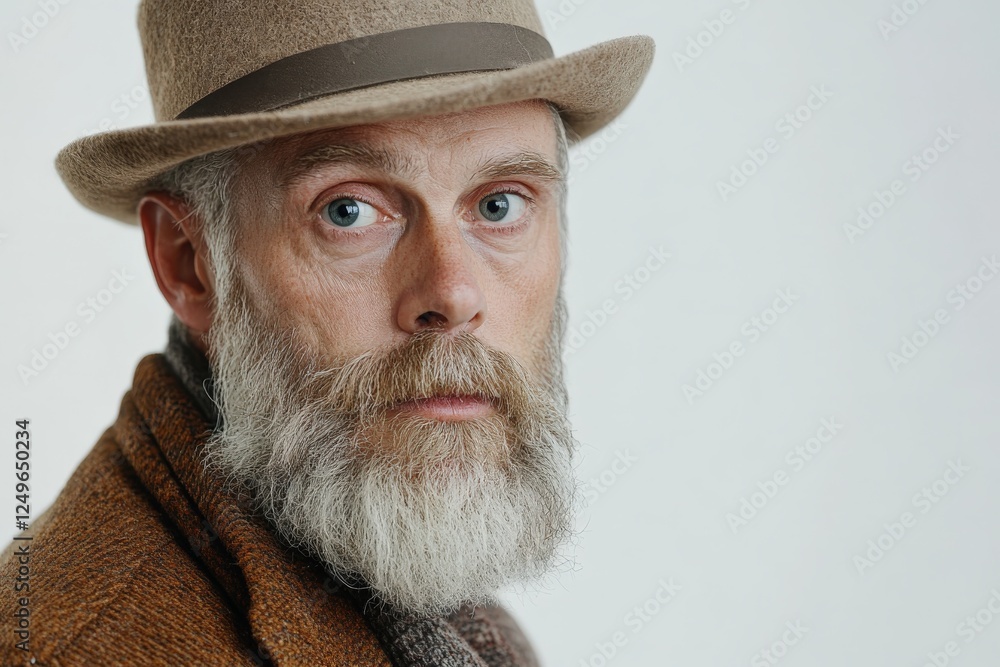 Portrait of a Thoughtful Older Man with a Beard and Hat Against a Neutral Background Portrait of a Thoughtful Older Man with a Beard and Hat Against a Neutral Background