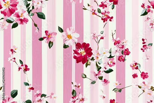 Charming striped floral pattern with vibrant colors and sharp edges. Perfect for textiles, home decor, and cheerful spring designs. Playful and cute aesthetic for a fresh, modern look.