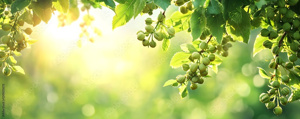 Walnut tree branch adorned with fresh green walnuts under sunlight Walnut tree branch adorned with fresh green walnuts under sunlight