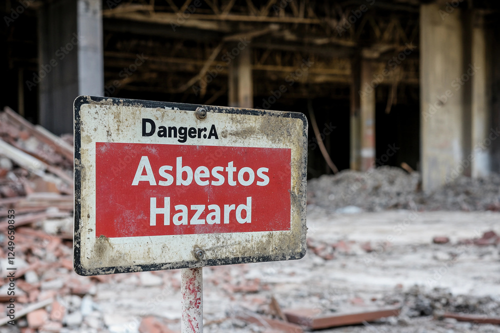 Fototapeta premium Asbestos Sign. Asbestos warning sign , Asbestos Hazard Signage Amidst Deteriorating Building Materials