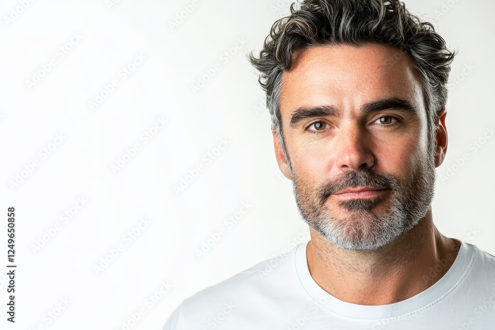 Confident Man with Curly Hair and Beard in Casual White T-Shirt Confident Man with Curly Hair and Beard in Casual White T-Shirt