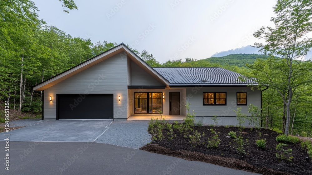 A beautifully designed wooden cabin with A-shaped architecture stands illuminated at night amidst birch trees, inviting warmth and comfort A beautifully designed wooden cabin with A-shaped architecture stands illuminated at night amidst birch trees, inviting warmth and comfort