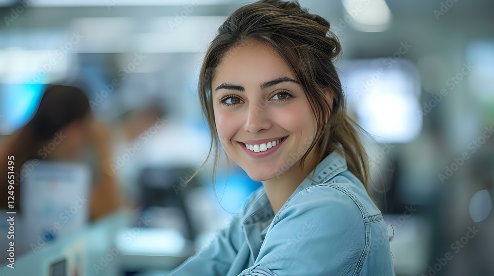 Fototapeta premium Young Hispanic businesswoman with bright smile in modern office environment wearing casual denim shirt, looking at camera with natural makeup and updo hairstyle.