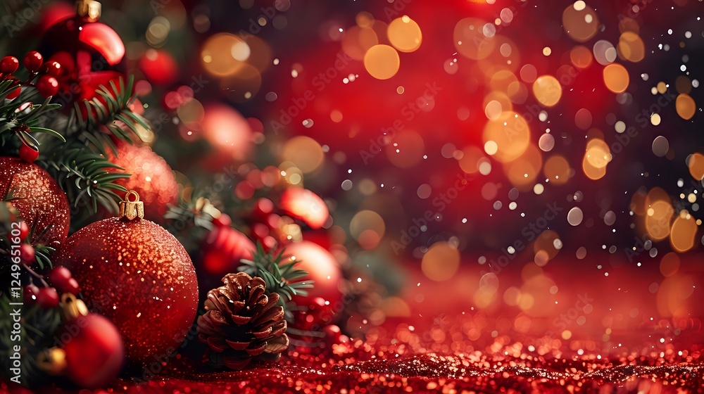 Red Christmas ornaments and pine cones on glittering background with bokeh lights creating magical holiday atmosphere. Festive winter season decoration. Red Christmas ornaments and pine cones on glittering background with bokeh lights creating magical holiday atmosphere. Festive winter season decoration.