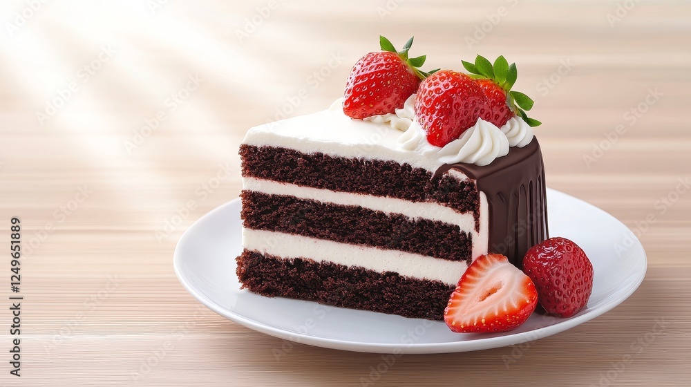 Delicious chocolate cake with strawberries on white plate - A tempting slice of chocolate cake layered with creamy filling and topped with fresh strawberries symbolizing indulgence sweetness celebrati Delicious chocolate cake with strawberries on white plate - A tempting slice of chocolate cake layered with creamy filling and topped with fresh strawberries symbolizing indulgence sweetness celebrati
