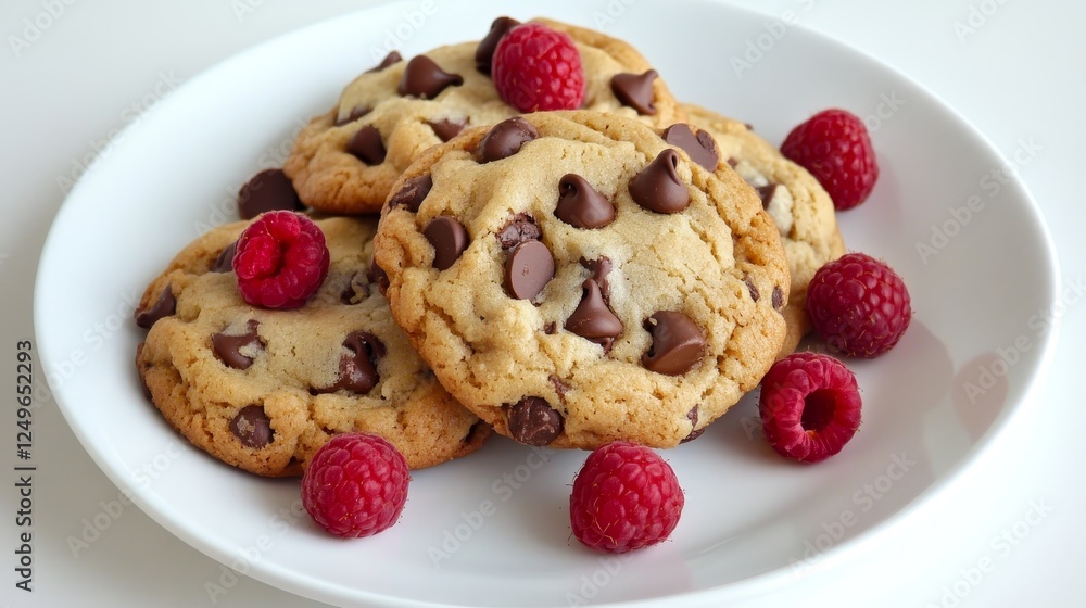 Delicious Cookies with Chocolate Chips and Raspberries - A tempting platter of freshly baked chocolate chip cookies surrounding vibrant raspberries symbolizing indulgence joy comfort and sweetness.
