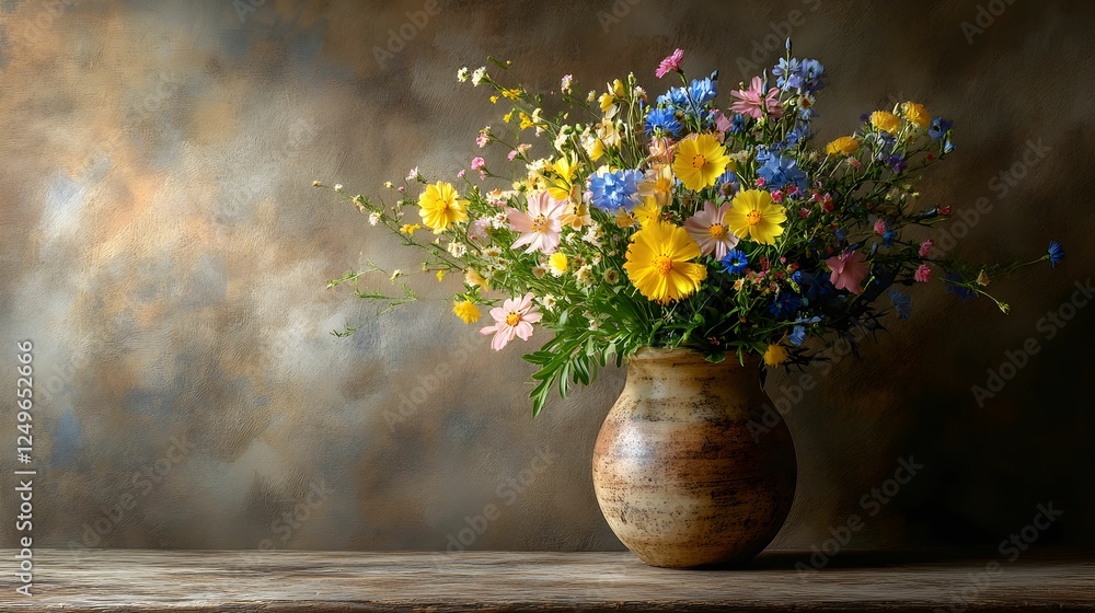 dzikie kwiaty, bukiet, rustykalna estetyka, natura, vintage styl, klasyczna fotografia, pastelowe kolory, botaniczna kompozycja, piękno kwiatów, wiejski klimat, naturalna elegancja, florystyka, ręczni