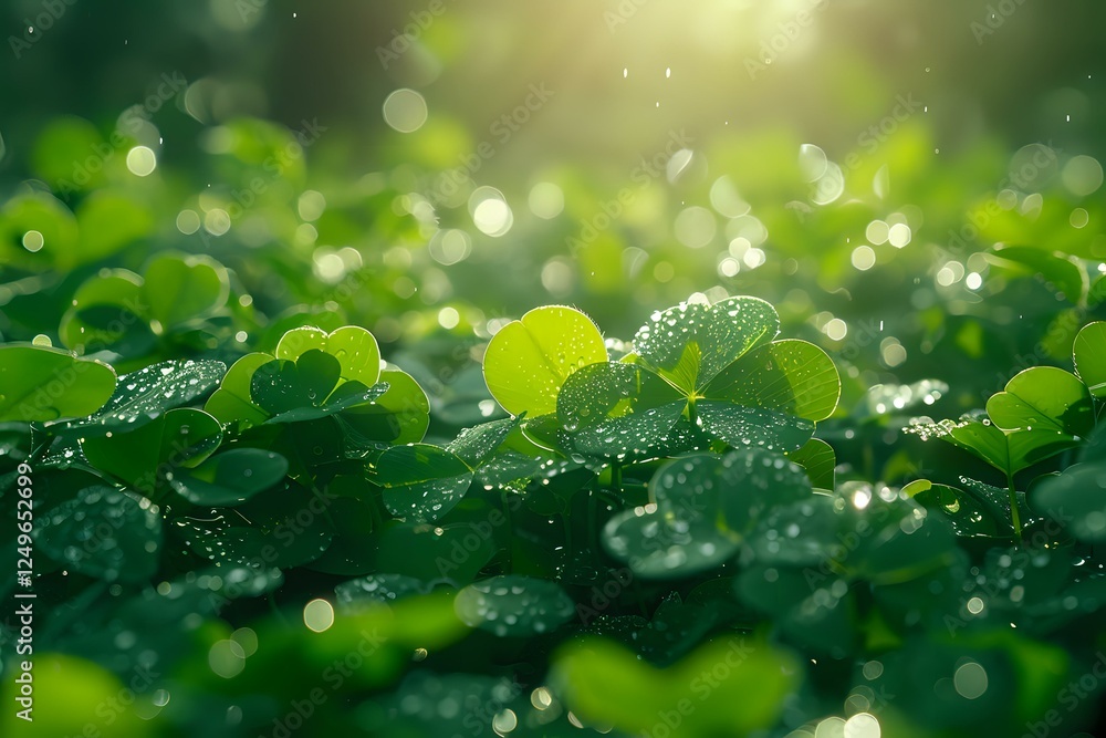 Fresh clover leaves covered in morning dew drops with soft bokeh light effects and sunbeams creating magical natural green background. Perfect for nature designs. Fresh clover leaves covered in morning dew drops with soft bokeh light effects and sunbeams creating magical natural green background. Perfect for nature designs.