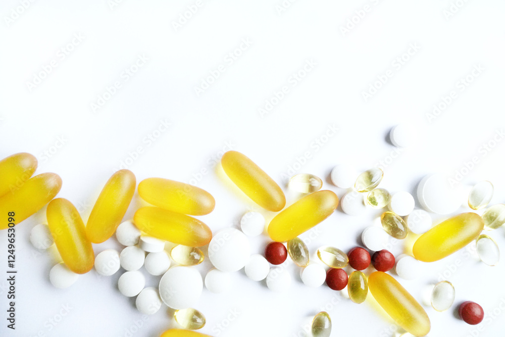 Assorted Pills and Capsules on White Background Assorted Pills and Capsules on White Background