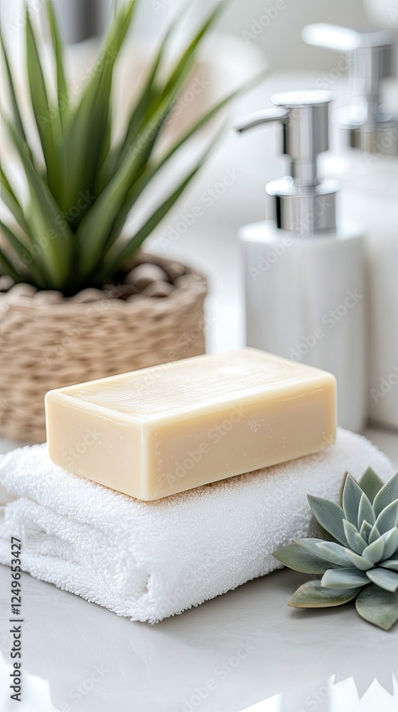 Relaxing setting featuring a close-up of elegant bathroom products arranged with soft towels and a green plant in a pot Relaxing setting featuring a close-up of elegant bathroom products arranged with soft towels and a green plant in a pot