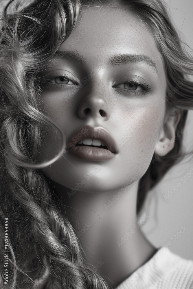 Fototapeta premium Black and White Editorial Fashion Magazine Photo – Beauty Portrait of a Glamorous Woman with a Thick Braid