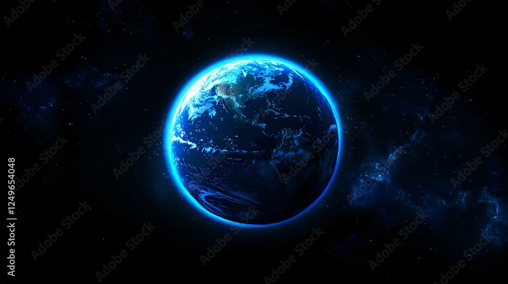 Obraz premium Glowing blue planet Earth in dark space with bright atmosphere effect and stars. Futuristic cosmic view of globe showing continents and oceans in night environment.