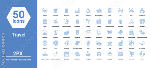 travel icons set such as, 	airplane, balloon, bicycle, bike, black, booking, camera, flat, food, hotel, icon, illustration, isolated, light, line, minimalist, outline, vector stock illustration