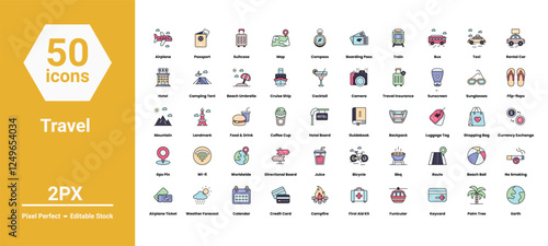 travel icons set such as, 	airplane, balloon, bicycle, bike, black, booking, camera, flat, food, hotel, icon, illustration, isolated, light, line, minimalist, outline, vector stock illustration