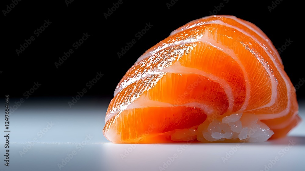 Fresh raw salmon sashimi slice with vibrant orange color and marbled texture on minimalist background, close-up view showing delicate layers of fish. Fresh raw salmon sashimi slice with vibrant orange color and marbled texture on minimalist background, close-up view showing delicate layers of fish.
