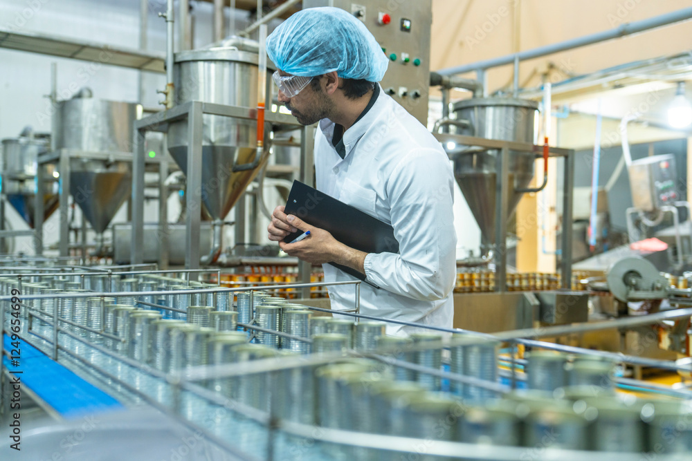 Industrial worker monitoring cans on a conveyor belt, emphasizing focus, productivity, and adherence to safety and quality control standards in a professional factory setting. Industrial worker monitoring cans on a conveyor belt, emphasizing focus, productivity, and adherence to safety and quality control standards in a professional factory setting.