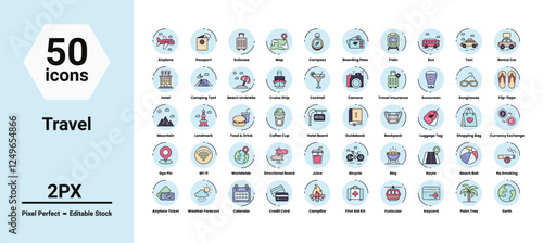 travel icons set such as, 	airplane, balloon, bicycle, bike, black, booking, camera, flat, food, hotel, icon, illustration, isolated, light, line, minimalist, outline, vector stock illustration