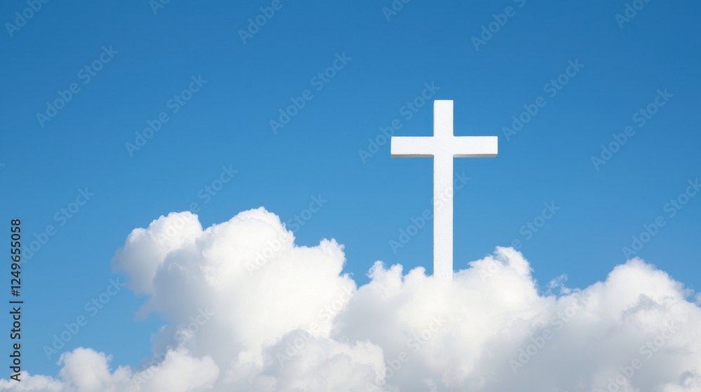 easter sunrise service. cross shape formed by soft clouds against blue sky easter sunrise service. cross shape formed by soft clouds against blue sky