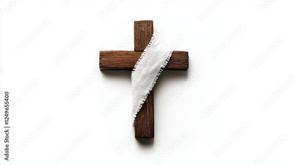 easter sunrise service. Worn wooden cross wrapped in white cloth, symbolizing faith and hope easter sunrise service. Worn wooden cross wrapped in white cloth, symbolizing faith and hope