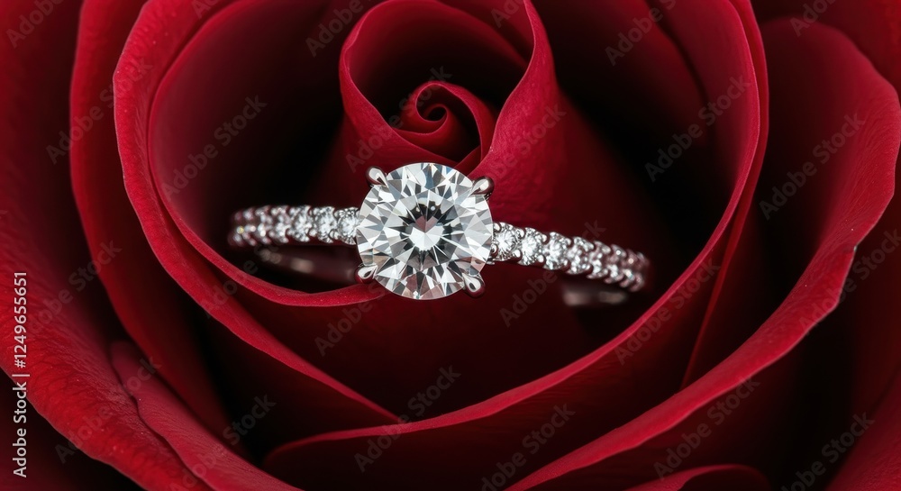Fototapeta premium A striking round cut diamond engagement ring with pave set diamonds on a platinum band