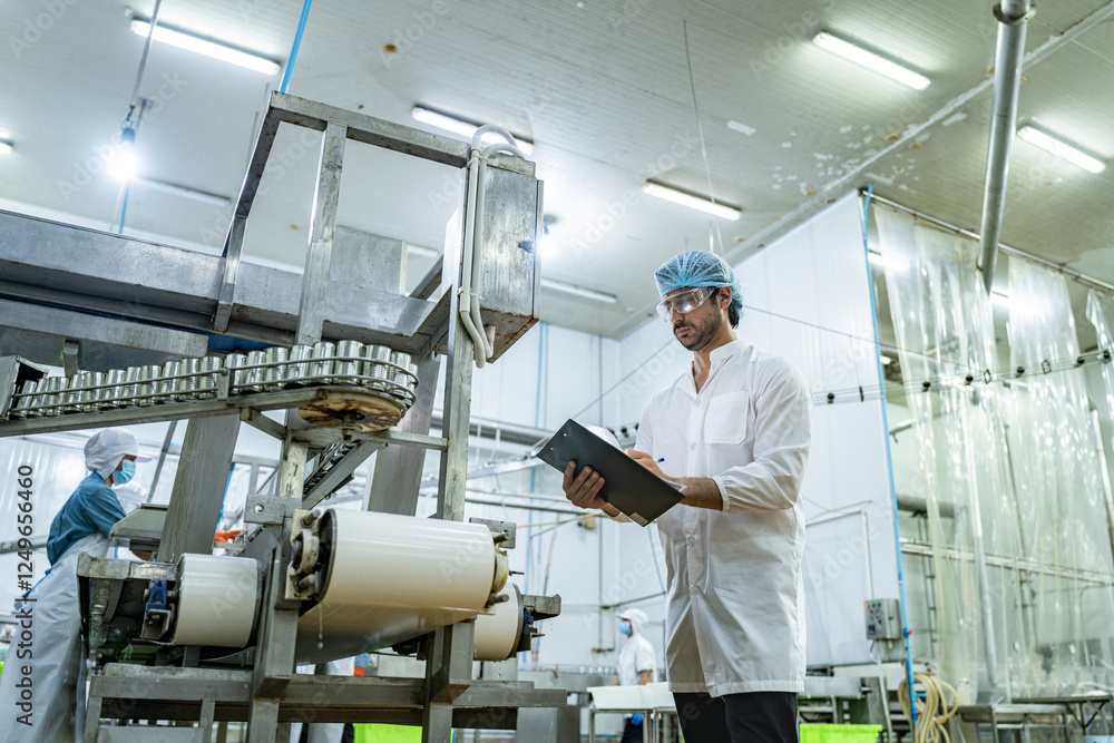 Naklejka premium quality assurance scientist inspector monitors equipment in high tech food manufacturing plant, focusing on efficiency, food safety, and operational precision for seamless production line workflow.