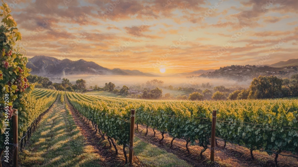 Fototapeta premium Vineyard Sunrise Over Misty Valley Landscape