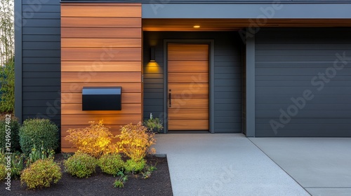 Wallpaper Mural Modern home entrance featuring wooden accents, sleek design, and landscaped surroundings at dusk Torontodigital.ca