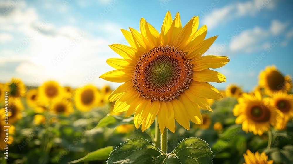 A vibrant sunflower stands tall in a beautiful field, basking in the sunlight with a backdrop of blue sky, symbolizing positivity, growth, and the beauty of nature in full bloom. A vibrant sunflower stands tall in a beautiful field, basking in the sunlight with a backdrop of blue sky, symbolizing positivity, growth, and the beauty of nature in full bloom.