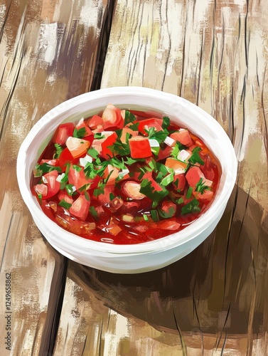 Salsa dip with tomatoes, onion, and green herbs in a white bowl on a rustic wooden table illustration photo