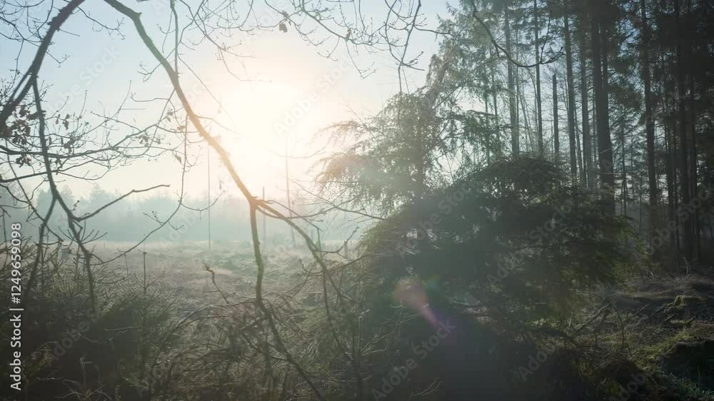 Sunlight shining through trees in misty forest Sunlight shining through trees in misty forest