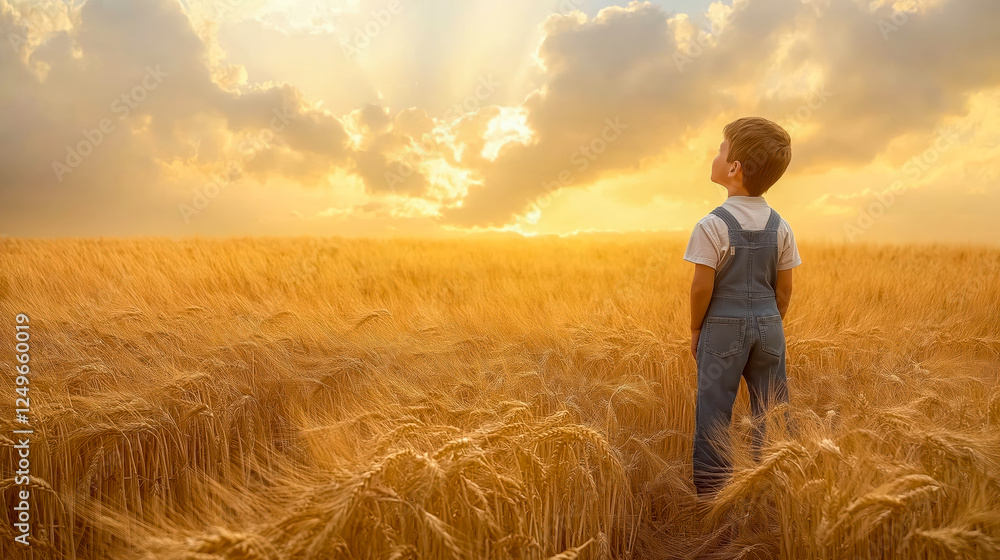 Young boy gazes at sunset in wheat field, embracing golden light of nature. Young boy gazes at sunset in wheat field, embracing golden light of nature.