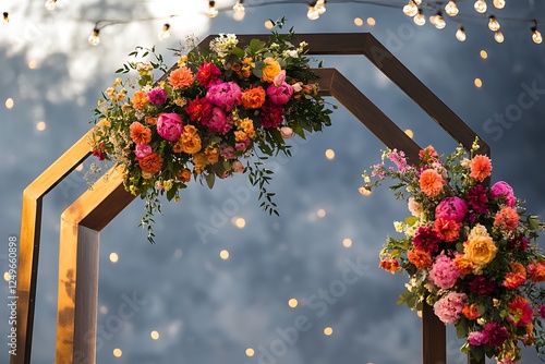 A unique modern wedding arch featuring a geometric design adorned with vibrant flowers and twinkling lights, set against a stunning outdoor backdrop.