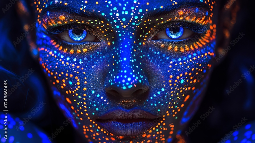 A striking portrait featuring a face adorned with vibrant neon body art, highlighting the interplay of colors and illumination, creating a captivating and surreal visual experience. A striking portrait featuring a face adorned with vibrant neon body art, highlighting the interplay of colors and illumination, creating a captivating and surreal visual experience.