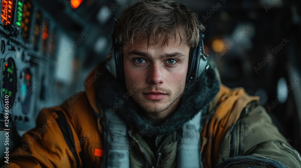 Obraz premium A young man in a helicopter cockpit, wearing headphones and a serious expression.