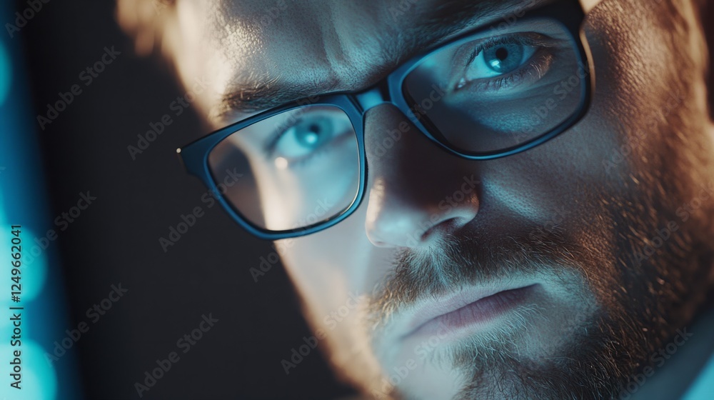 Focused man with glasses analyzing graphs on a desktop monitor, generative ai Focused man with glasses analyzing graphs on a desktop monitor, generative ai