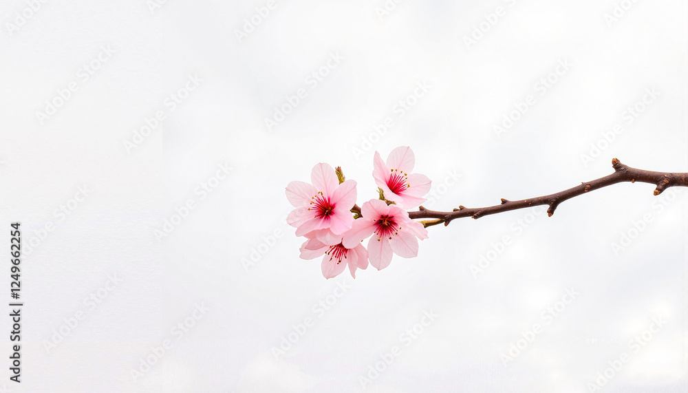 Single cherry blossom branch on white background, beauty of nature Single cherry blossom branch on white background, beauty of nature