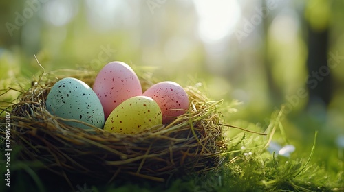 A serene image of pastel-colored Easter eggs resting in a nest, symbolizing new beginnings and the joy of springtime in a tranquil natural environment. photo