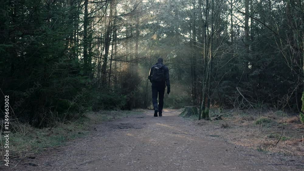 Man walking on path in misty forest Man walking on path in misty forest