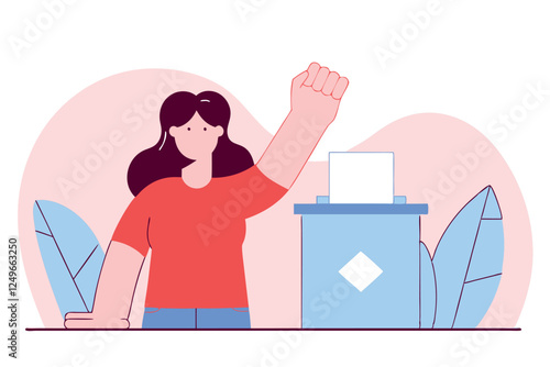 Young woman putting vote on ballot box at electoral college. Elections concept illustration