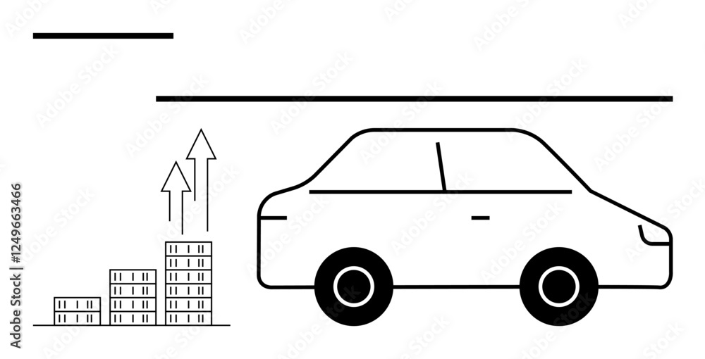 Fototapeta premium Minimalist car beside bar graph with upward arrows symbolizing growth, transportation, and progress. Ideal for business success, economic growth, transport innovation, startup vision, mobility
