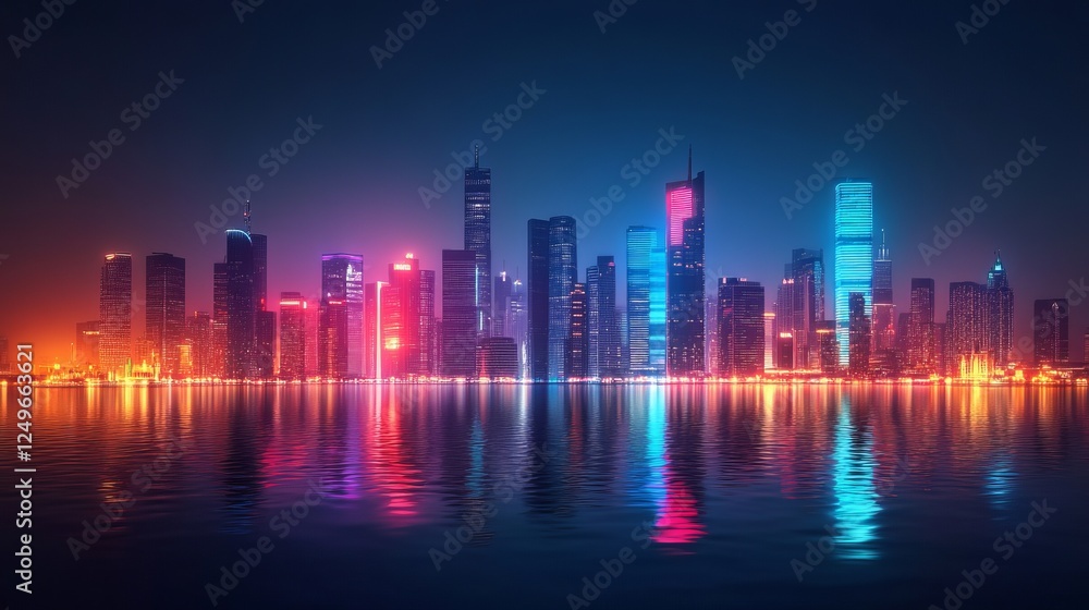 A brightly lit city skyline glows vividly at night, with colorful reflections on the water, capturing the dynamic energy of an urban environment in the darkness. A brightly lit city skyline glows vividly at night, with colorful reflections on the water, capturing the dynamic energy of an urban environment in the darkness.