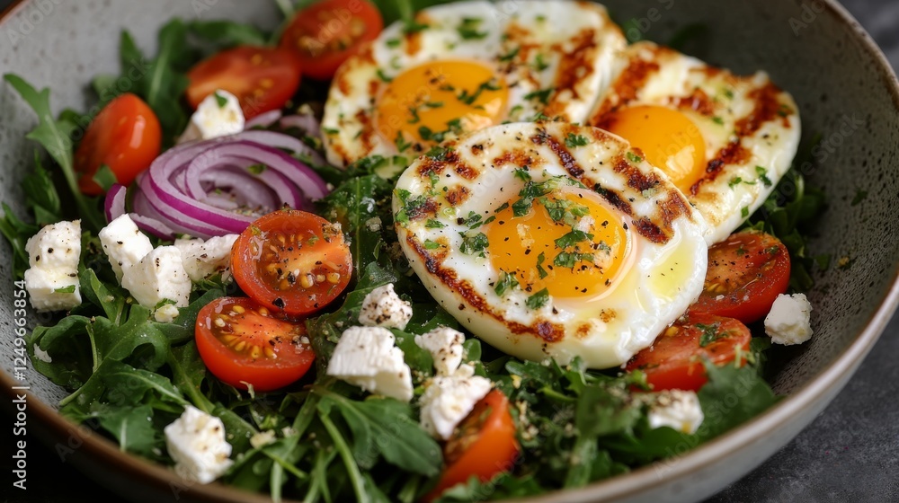 A vibrant salad with perfectly fried eggs on top, including fresh vegetables like tomatoes and arugula, capturing the essence of healthy eating and delicious flavors.