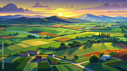 Aerial view of endless lush pastures and farmlands of Ireland. Beautiful Irish countryside with green fields and meadows. Rural landscape on sunset.