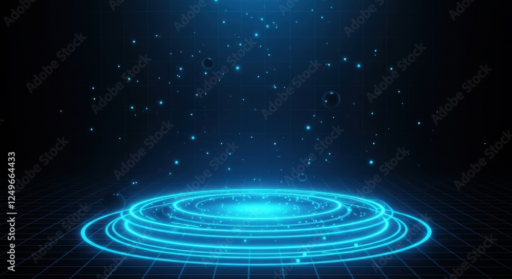 Fototapeta premium A glowing holographic platform emitting vibrant blue light in a digital environment