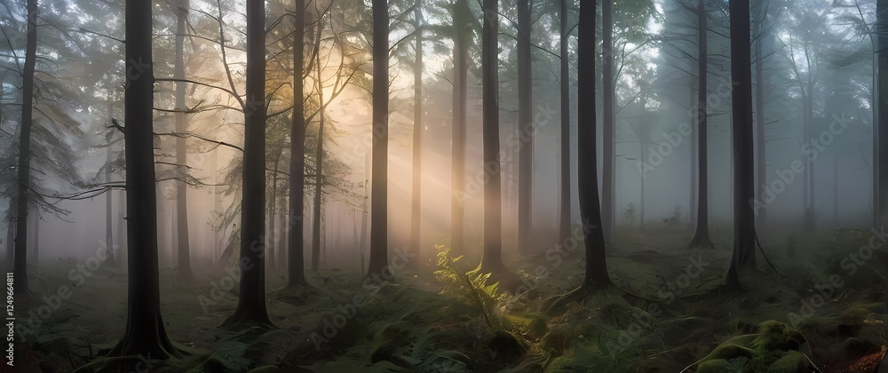 Obraz premium An enchanting panorama of a misty forest at dawn where trees rise majestically shrouded in fog postcard perfect in serene beauty