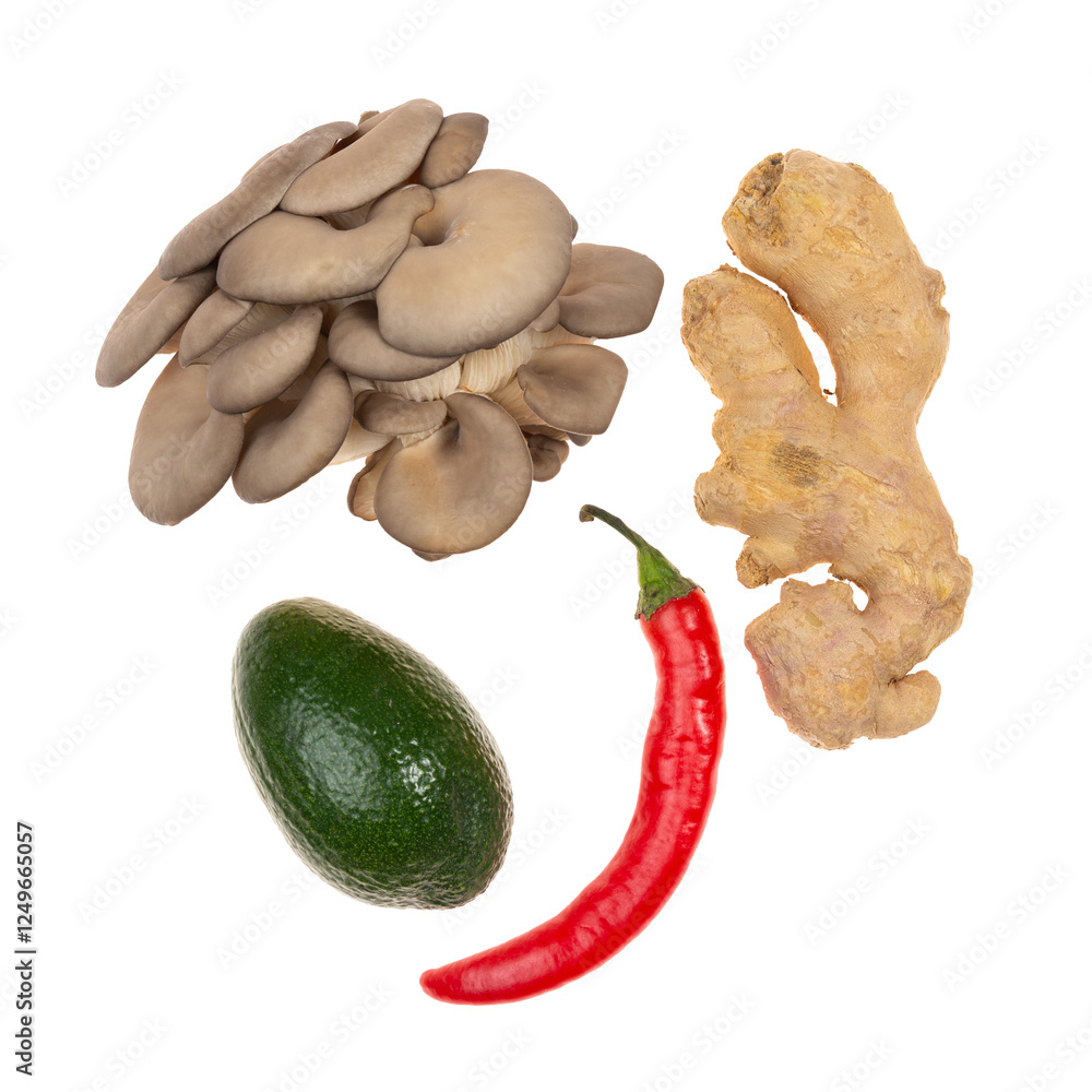 Fototapeta premium Composition of avocado, ginger root, chili pepper and oyster mushrooms isolated on a white background. Ingredients for Asian cuisine.