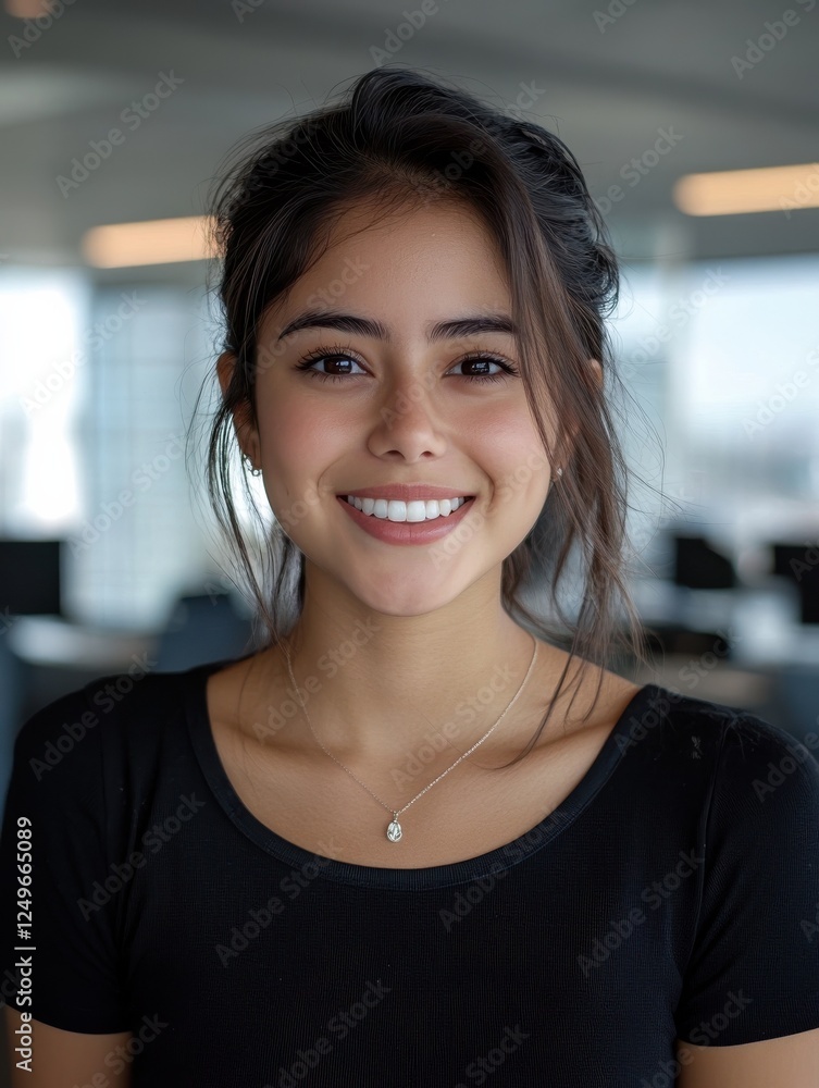 Hispanic young woman smiling on camera inside modern office - Focus on face Hispanic young woman smiling on camera inside modern office - Focus on face