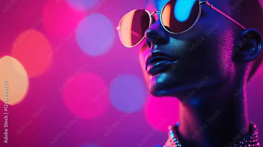 A striking mannequin adorned with sunglasses is showcased against a backdrop of vibrant neon lights, creating a visually captivating scene with a fashion-forward vibe. A striking mannequin adorned with sunglasses is showcased against a backdrop of vibrant neon lights, creating a visually captivating scene with a fashion-forward vibe.