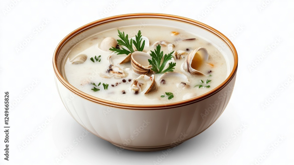 Creamy clam chowder soup in bowl on transparent background Creamy clam chowder soup in bowl on transparent background